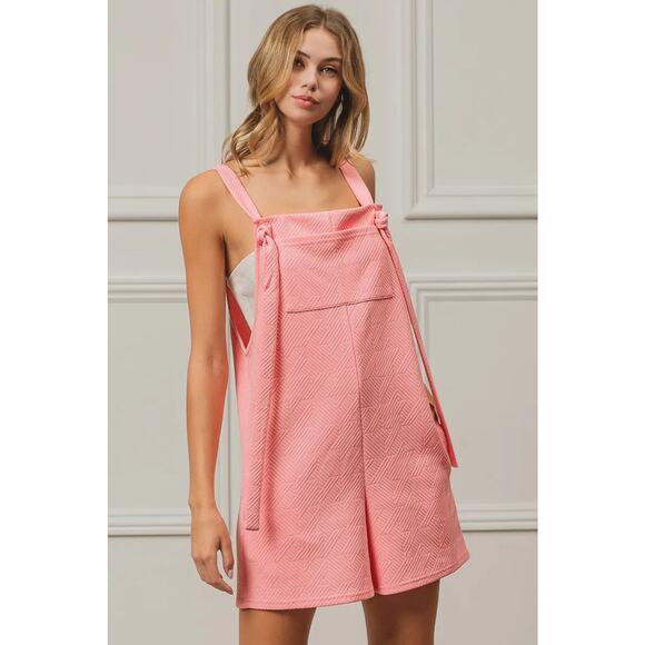BiBi Texured Jacquard Side Pockets Sleeveless Relaxed Fit Romper | Blush Pink - Picture 4 of 11